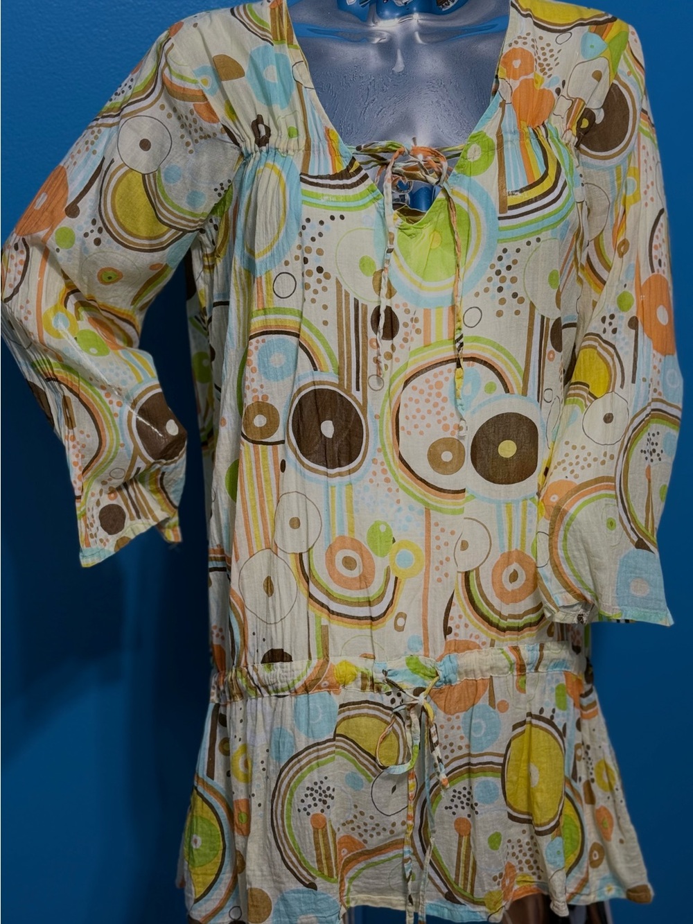 Retro India Boutique Multicolor Circle Print Peasant Tunic Dress or coverup OS